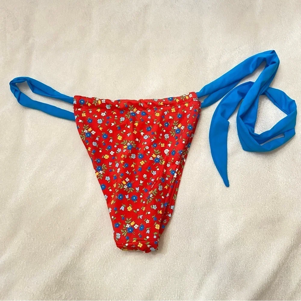 New! Frankies Bikinis Kealy Tie Side Cheeky Bikini Bottom Red Blue 1488